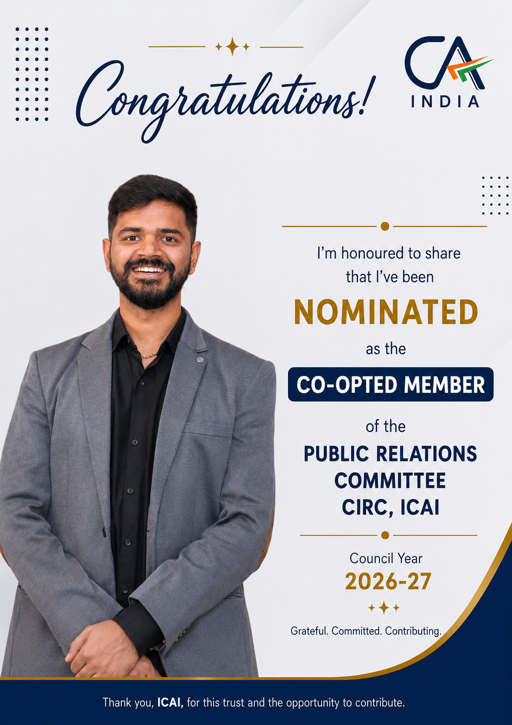 HSJ And Associates Founder CA. Harshit Jain, Nominated as a Co-opted Member of the Public Relations Committee (CIRC), ICAI for the Council Year 2026–27.